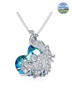 Sterling Silver Peacock Pendant Necklace Cubic Zirconia 18+2in